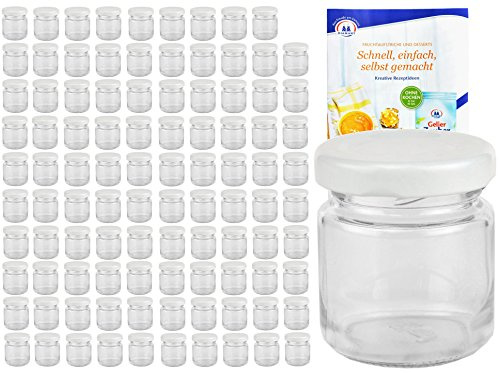 MamboCat Set de 100 bocaux ronds 53 ml avec couvercle blanc TO 43 avec livret de recettes Diamant Gelierzauber (français non garanti), bocaux à conserves, mini-bocaux en verre,