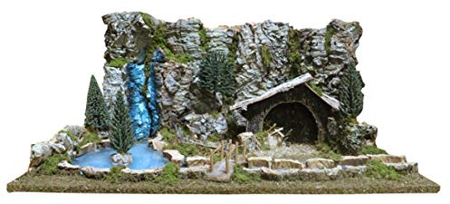 Bertoni Krippen-Landschaft mit leuchtendem Fluss und Wasserfall | Hütte, Teich und Bergwand aus Holz | Italienisches Produkt | 36x56x25 cm