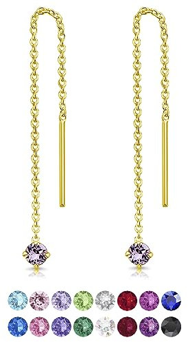 Orecchini Donna Lunghi Argento 925 Placcati Oro 24K con Brillantini di Cristallo Viola - Orecchini Pendenti con Catenella e Punti Luce Brillanti - Saliscendi Dorati Classici Eleganti Ipoallergenici