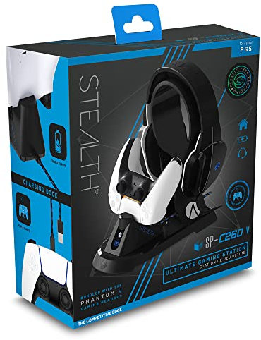 Stealth SP-C260V Ultimate Charging Station for Playstation 5 Including Phantom Gaming Headset with Microphone and 40mm Speakers Fully Adjustable Reinforced Headband, Comfortable & Durable, Black