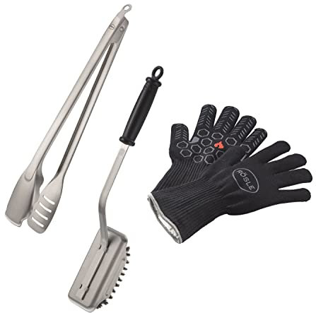 RÖSLE Barbecue Premium-Set 3-tlg., Hochwertiges Grillset mit Premium Grillhandschuhen, BBQ-Grillzange und Reinigungsbürste SlideX, Edelstahl, Silberfarben /Schwarz