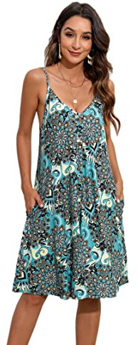 Enmain sommarklänning damer strandklänningar spagettiremmar swing klänning blommor v-ringad knälång ärmlös klänningar med fickor, Turkos, XL