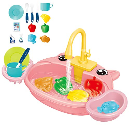 Uposao Küchenspüle Spielzeug Set,Kinderspielset mit Wasserkreislauf Geschirrspüler, Spülbecken Küchenset Küchenzubehör Rollenspiel Spielzeug Geschenke für Kinder Jungen Mädchen ab 3 bis 6 Jahre alt
