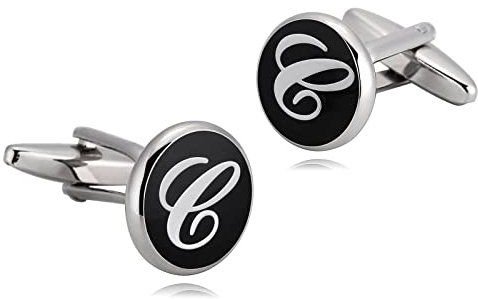 Whoiy Manschettenknöpfe Herren Initialien C, Cufflinks for Men Edelstahl Schwarz Weiss für Männer Smokinghemd Kostenlos Gravieren
