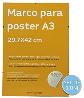 Nacnic Confezione da 3 cornici a clip trasparenti in vetro acrilico senza bordi | Protezione e espositore per foto fogli poster e decorazione per soggiorno camera da letto o ufficio | A3 (297 x 42 cm)