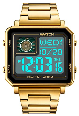 Reginald Gold Watches for Men Fashion Trend Multifunction Outdoor Sports Watch EL Light Large Digital Display Chronograph Stainless Steel Square Watches (Gold)