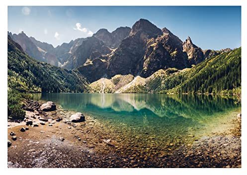 Fototapete Berge See Panorama Landschaft Natur Wald - inkl. Kleister - für Wohnzimmer Schlafzimmer Flur Vlies Tapete Wandtapete Vliestapete Motivtapeten Montagefertig (368x254 cm)