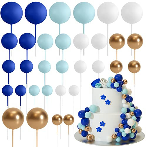 ASTARON 32 piezas de bolas para decoración de tartas, mini globos, palitos para decoración de tartas, bolas de espuma, púas para tartas para bodas, fiestas, cumpleaños (oro azul)