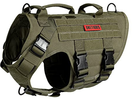 OneTigris Hundegeschirr, X Destroyer Taktisches Einstellbar Antizuggeschirr Ausbruchsicheres Geschirr mit 3 Griffe 2 Metallschnallen Sicherheitsgeschirr (Grün L)