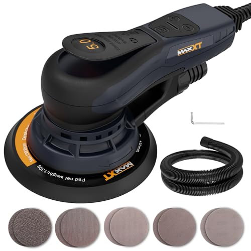 MAXXT Brushless 5.0mm Random Orbital Sander | 230V Multi-Function | Variable Speed | Electric Orbital Sander | with 10 Sanding Discs for Woodworking