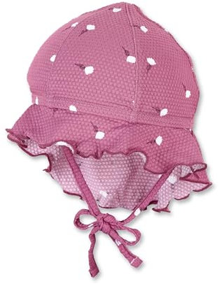 Sterntaler Bademütze Blumen mit Nackenschutz und Bindeband - Mädchen Schwimmmütze mit UV -Schutz 50+ - UV Bademütze Kinder aus Bademodenstoff - Schirmmütze für Badespaß an sonnigen Tagen - purpur, 51