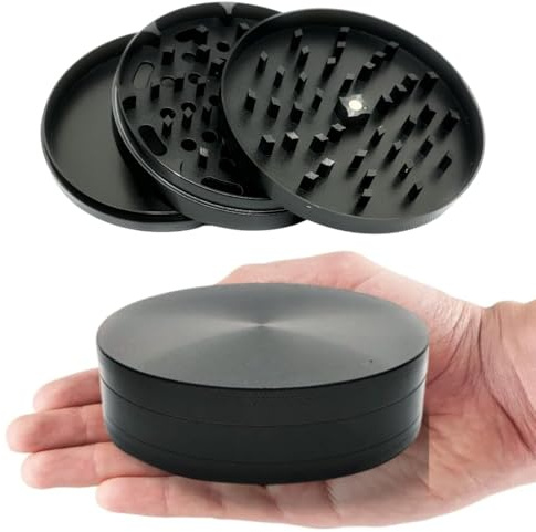 Lighter Locators 4 inch spice grinder / 100mm herb grinder | Low Profile 1 Tall Design | 4 kitchen herb and spice grinders in Black | Sharp Zinc Teeth and Easy to Use