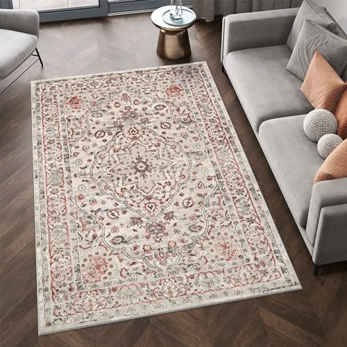 TAPISO Retro Teppich Kurzflor Vintage Rostbraun Grau Orientalisch Blumen Rahmen Klassisch Wohnzimmer Schlafzimmer ÖKO-TEX 140 x 200 cm