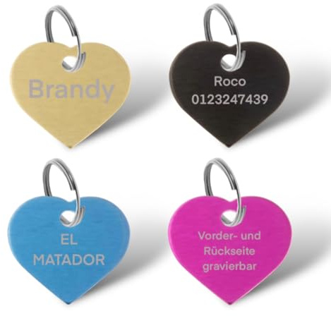 Personalisierte Hundemarke – Herz – gravierbare Haustiermarke aus Aluminium – beidseitig beschriftbar – viele Farben & Größen