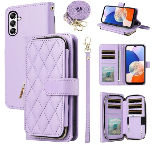 ELISORLI Wallet Case for Samsung Galaxy S24 5G with Detachable Wrist Strap Crossbody Shoulder Strap, 9+ Card Slots Zipper Purse, Luxury PU Leather Stand Cell Phone Cover for S 24 24S GS24 G5 Purple