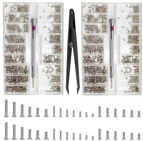 Bikasun 1000 Pcs Small Screws Assortment Kit Silver, M1.2 M1.4 M2 | Tiny Micro Screws Set, Watch Glasses Computer Replacement Screws, Tiny Repair Screws Set with Screwdriver Tweezers