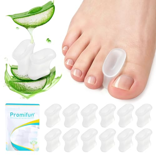 Promifun Gel Zehenspreizer – 12 Stück Aloe Vera Extrakt infundierte Silikon-Zehenspreizer zum Glätten überlappender Zehen, Ballenzehen, Schwielen （Clear，Medium）