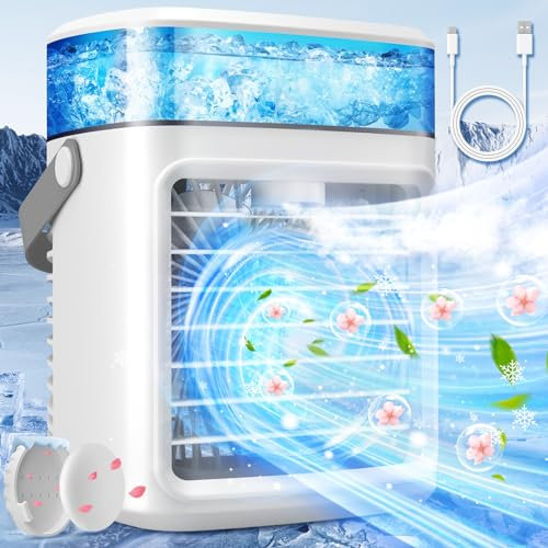 Ventilador portátil de aire acondicionado, mini enfriador de aire evaporativo de 600 ml con 3 velocidades, 7 colores, humidificador de nebulización, enfriador de aire personal, pantalla táctil,
