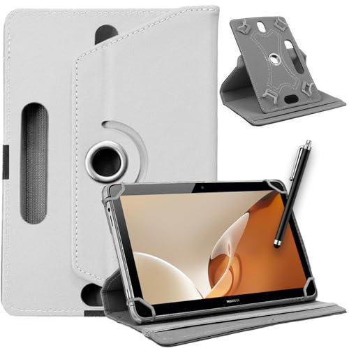DV 10 Tablet Case – Custodia universale in pelle con supporto girevole a 360° adatta per tutti i tablet da 10 e 10,1 con pennino capacitivo (bianco)