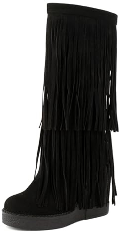 Asterisco Donna Zeppa Stivali Alti con Plateau Frangia Tacco Alto Stivali Punta Rotonda Senza Chiusura Stivali da Festa, J80675Ho Nero Numero 38 EU/39Cn