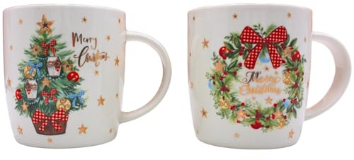 Dekohelden24 Lot de 2 Tasses à café, à vin Chaud, avec Couronne de l'Avent et Sapin de Noël en Porcelaine, Dimensions : L/l/H : Environ 14 x 8 x 10 cm, capacité : 360 ML par Tasse.