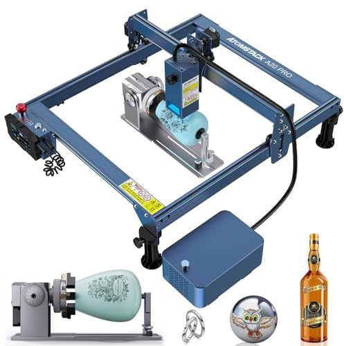 ATOMSTACK A-20 Pro Laser Graviermaschine mit R1 Klauenscheibenwalze, 130W DIY CNC Laser Cutter und Lasergravierer, 20W Ausgangsleistung, Handy-APP, Gravieren zylindrischer Holz Acryl Metall