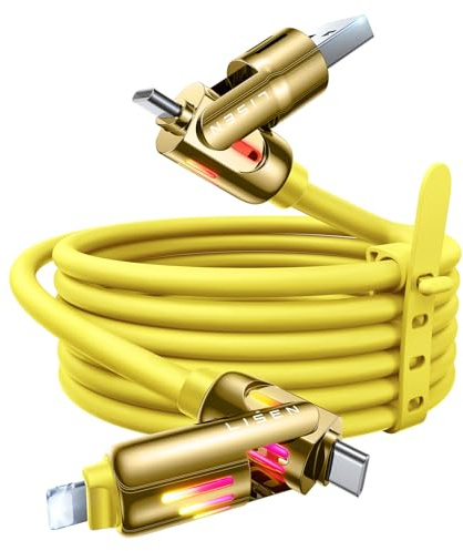LISEN Cavo di ricarica multiplo 4 in 1 da 240 W, USB A/C a C/L, giallo, per iPhone 16/15/14 Pro Max/MacBook/iPad Pro/Samsung Galaxy