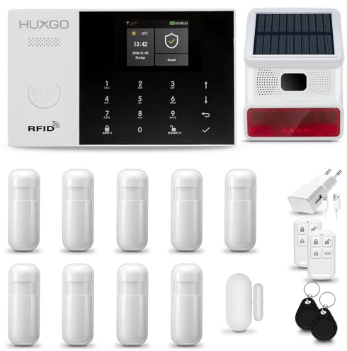HUXGO® HXA005 Sistema di allarme casa senza fili con Sirena solare radio esterna WiFi + GSM 4G | Impianto allarme casa kit con 1x sensori di allarme per finestre/portes, 9x rilevatori di movimento