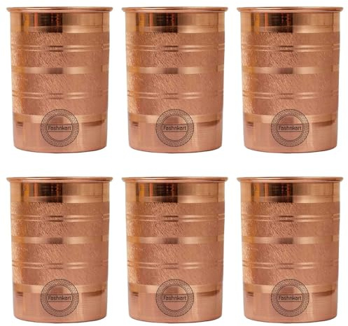 Fashnkart Reine Kupfergläser für Trinkwasser, ayurvedische Gesundheitsbecher, Kupferbecher 300 ml (Silber-Optik), 6er-Set