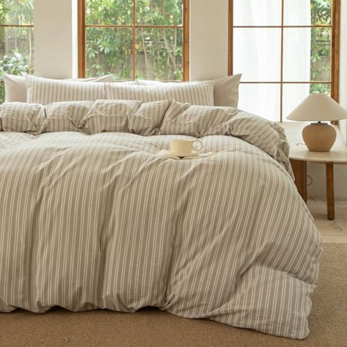 BESTDESIL Striped Duvet Cover Set 100% Washed Cotton Linen Like Soft Feelling Breathable Bedding(Strip-Beige/White,Queen)