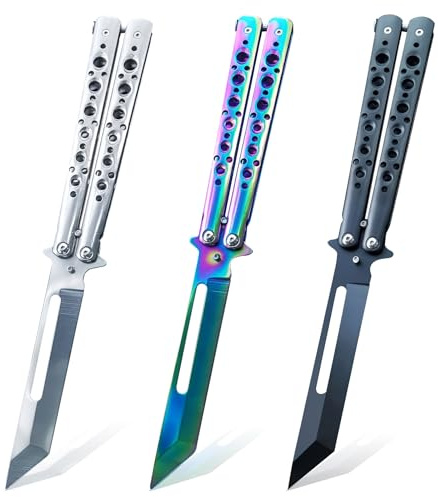 Sporgo 3 Stück Butterfly Trainer: Butterfly Messer zum Üben Ungeschärfte Klinge, Butterfly Kamm Edelstahl für Trainingsmesser AnfäNger-Der Flipping Tricks üBt (Schwarz + Weiß+ Farbe)