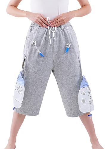 Siomlana Unisex Incontinence Care Trousers,Urinary Drainage Trouser,Catheter Pant,Fistula Pants,Ostomy Drainage Bag Care Scanties,Double Zippered Pockets Holding 2000ml Catheter Bags Gray