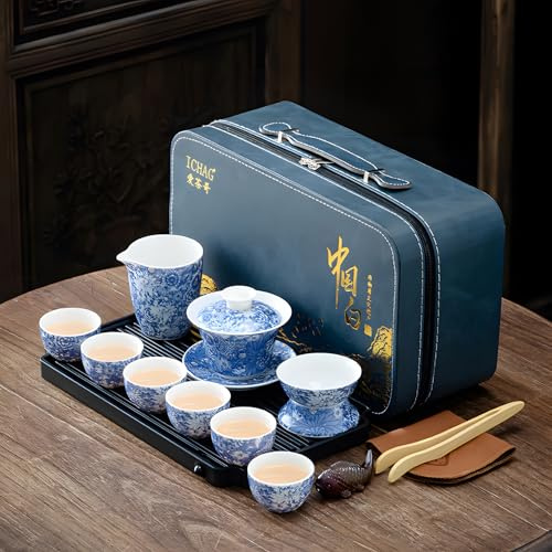 ICHAG Juego de té Gongfu, tetera china de jade Gaiwan y Yangzhi para adultos, funda de cuero azul de 13 piezas con mascota de té, teteras y tazas de jade blanco puro, regalos para el hogar/exterior