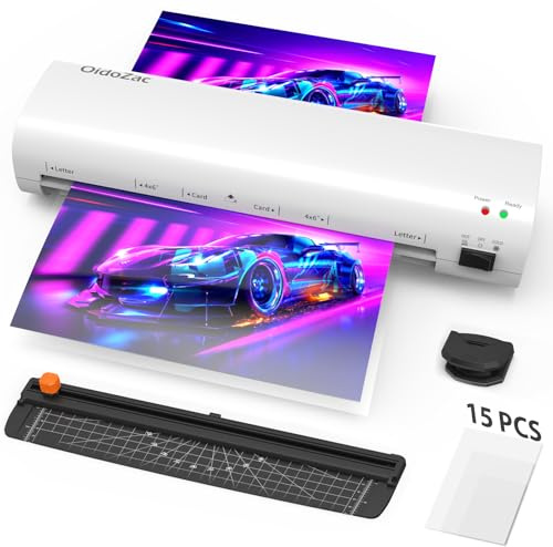 OidoZac A4 Laminiergerät, 4 in 1 Heiß- und Kaltlaminierung, Laminiergerät mit 15 Laminierfolien, Eckenrunder, Papierschneider, ABS-Funktion Anti-Stau, 80-125 Mic, für Büro, Schule, Zuhause-Weiß