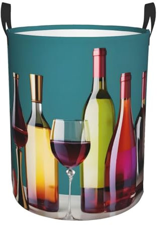 Cesto portabiancheria circolare con stampa di bicchieri da cocktail e vino senza bottiglia, cesto per vestiti sporchi, per camera dei bambini, camera da letto e bagno