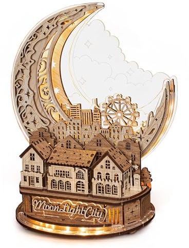 FUNPOLA 3D Puzzle Moon City Model - LED 3D Wood Puzzle - 3D Wooden Puzzles for Adults Home Décor Gifts for Kids and Adults （White)