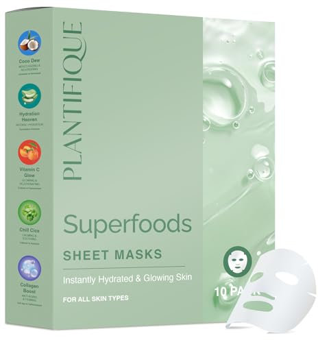 PLANTIFIQUE Superfood Maschera Viso in Tessuto Varietà Box 10 Pezzi – 2x Maschera Viso al Cocco, Aloe, Vitamina C, Centella e Collagene – Idratante e Illuminante – Per Tutti i Tipi di Pelle