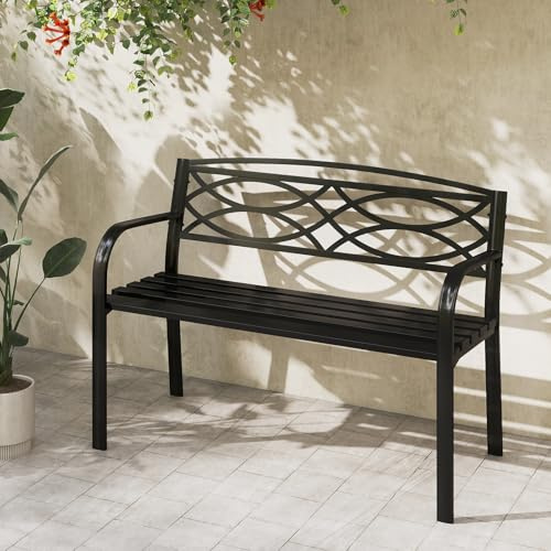 GIANTEX Gartenbank Metall, Sitzbank Outdoor für 2 Personen, Balkonbank mit Rückenlehne & Armlehnen, Vintage Parkbank, Bank Outdoor bis 300 kg belastbar, Metallbank Ruhebank 116 x 49 x 83 cm, Schwarz