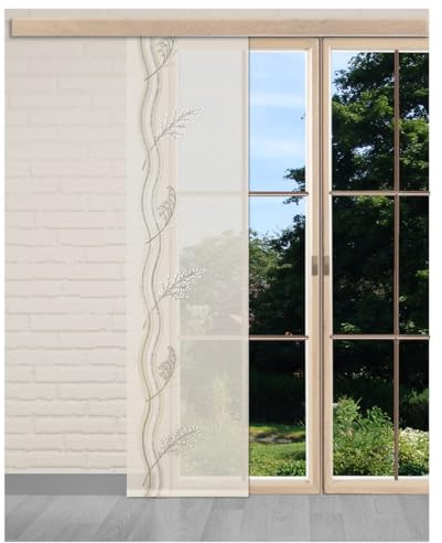 Flächengardine Cecilia mit Gräsern Vogtländische Spitze | Schiebepaneele Pflanzenmotiv in natur | Flächenvorhang - Muster links | Schiebegardine in Käseleinenoptik Höhe x Breite 93 x 45 cm