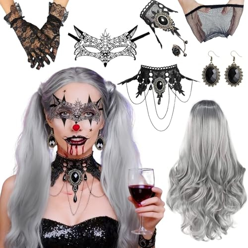 Efymosce Perücke Halloween Damen 7er Set, Lange Gewellt Silber Grau Perücke mit Gothic Schmuck Spitze Maske Lace Handschuhe, Perücke Frauen Kostüm für Karneval Cosplay