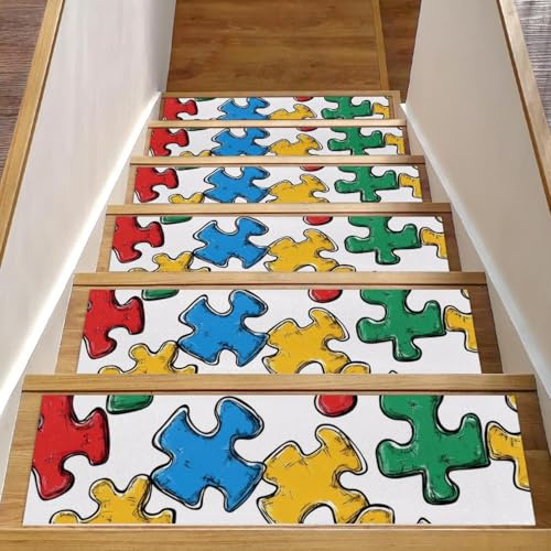 15 gradini per scale in legno, 20,3 x 76,2 cm, antiscivolo, per interni, per bambini, anziani e animali domestici, motivo puzzle colorato senza cuciture