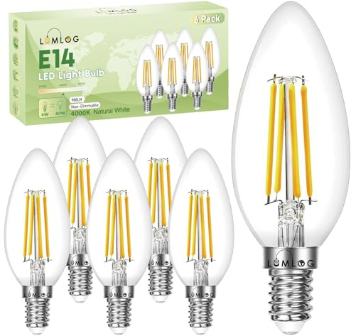 Lumlog E14 LED Light Bulb Natural White 4000K, C Energy Class, 6W (40w Equivalent), 980 Lumen E14 C35 Small Edison Screw Bulbs, Non-Dimmable, 6-Pack [Energy Class C]