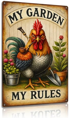 My Garden My Rules Metal Wall Sign 8×12 Inch – Funny Rooster Garden Plaque – Rustic Farmhouse Wall Art for Patio, Shed, or Greenhouse (2582)