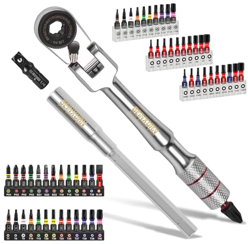 GEINXURN 60Pcs Screwdriver Set with 180° Pivoting 13-Position Adjustable Angle Changeable Ratchet Wrench, Extension Bar,1/4 Socket Adapter, and 1”Impact Magnetic (Phillips/Torx/Hex) Screwdriver Bit