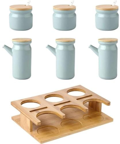 Kryddburk kryddbehållare, keramisk kryddburkset kryddkruka med lock bricka for salt socker köksbänktillbehör(Blue)