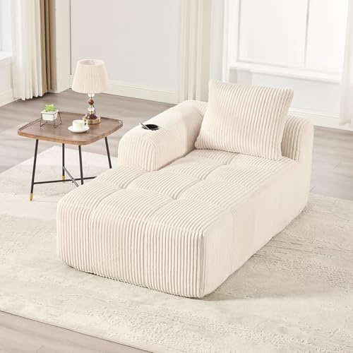 HMHKHN Boneless Couch, Sofa mit Schlaffunktion, Schlafsofa, Chaiselongue, Loungesessel, mit Kissen & Seitentaschen, Getränkehalter, Cord, Ohne Montage, für Wohnzimmer, 158×93×61cm (Beige)