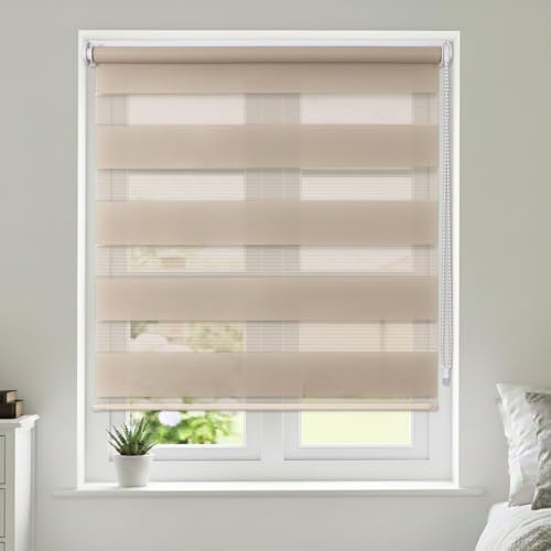Maritown No Drill Day and Night Zebra Roller Blinds for Windows Double Layer Light Filtering Privacy and Blackout Blinds Stick on Easy Fit for Bedroom,Kitchen,Bathroom (Light Beige, 55Wx 160H cm)