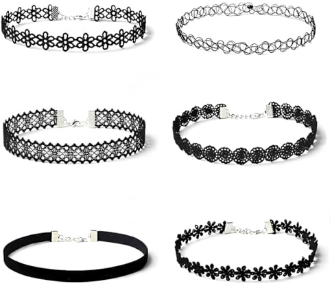 LOMSUXA 6-teiliges Choker-Halsketten-Set, Samt-Gothic-Tattoo-Spitzen-Choker, Damen-Choker, Schwarz, geeignet für Frauen und Mädchen, verstellbarer Gothic-Tattoo-Spitzen-Choker
