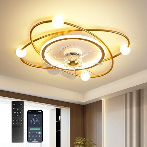 XSXUDODP Ventilateur de Plafond avec lumière Et Télécommande, Luminaire Plafonnier Ventilateur Silencieux, Dimmable LED Lustre Ventilateur pour Salon Chambre à Coucher, Or