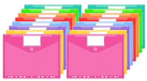 JEFURE A4 Dokumententasche 16 Stück, 8 Farben Dokumentenmappe, Wasserdichte Mappen mit 11 Löchern, Klettverschluss und Etikettentaschen, Durchsichtige Dokumentenhüllen für Dokumente Organisiere